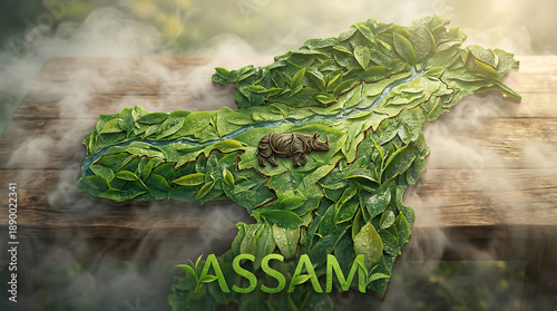 Assam State Map Fresh Green Tea Leaves and Nature Concept
