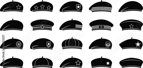 Military beret silhouettes collection showing different army ranks badges headwear icons set isolated on white background vector illustration