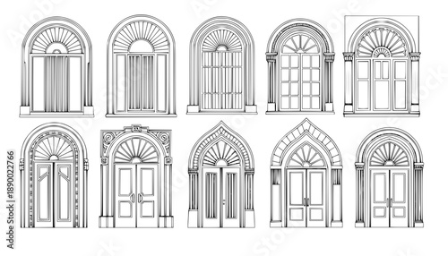 Art deco arch window and door frames, entrance doorways and gateway, vector architectural line drawing. Ancient classic architecture arch doors with arcs of Medieval temple, palace or mosque doorways