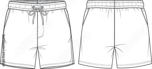 Men drawstring shorts technical outline with front and back views isolated on white background for summer apparel design