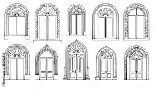 Art deco arch window and door frames, entrance doorways and gateway, vector architectural line drawing. Ancient classic architecture arch doors with arcs of Medieval temple, palace or mosque doorways