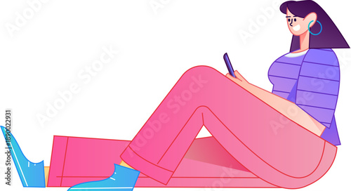 Vector gradient illustration of a character holding a mobile phone and engaging in social interaction.
