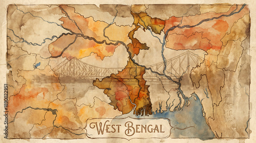 West Bengal State Map Artistic Watercolor and Ink Illustration