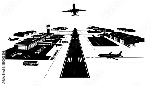 Airport with plane and facilities silhouette vector, transportation concept illustration for background.
