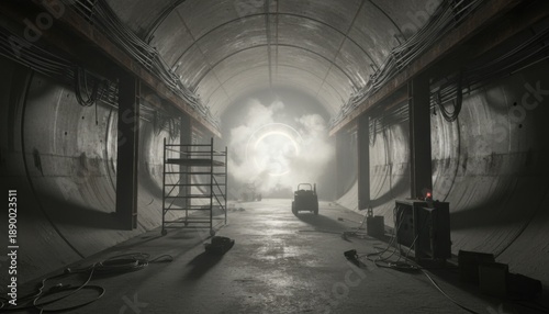 Empty Industrial Tunnel With Metal Structure and Dramatic Lighting