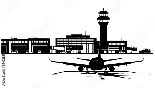 Airport with plane and facilities silhouette vector, transportation concept illustration for background.
