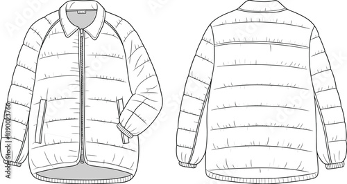 Quilted puffer jacket technical outline with front and back views isolated on white background for winter outerwear apparel design