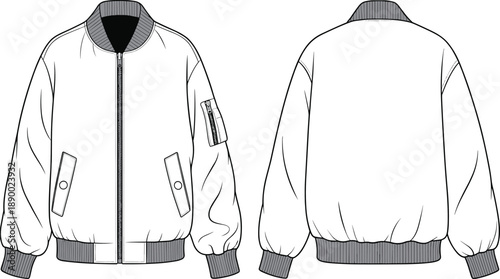 Classic bomber jacket technical outline with front and back views isolated on white background for fashion apparel design