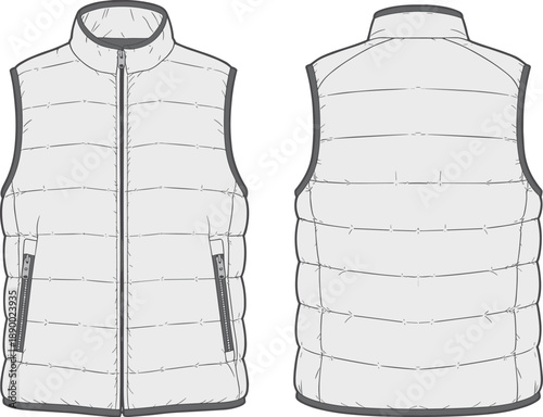 Sleeveless puffer vest technical outline with front and back views isolated on white background for winter outerwear apparel design