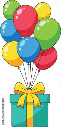 Colorful balloons tied to a gift box with a yellow ribbon on a gradient background