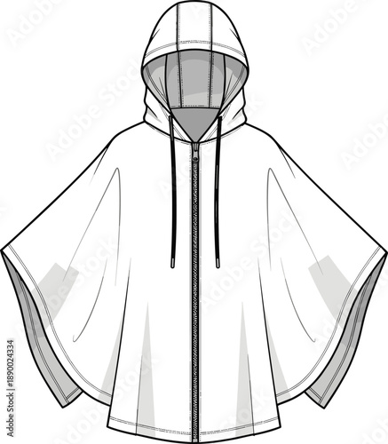 Hooded rain poncho technical outline with zipper and drawstrings isolated on white background for outdoor apparel and fashion design use