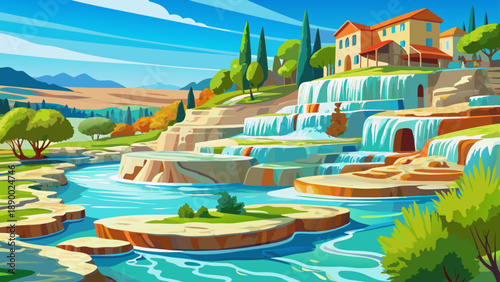 Very beautiful thermal springs of Saturnia in Tuscany, Italy, featuring turquoise cascading water, limestone terraces, and serene natural spa scenery under clear blue skies.