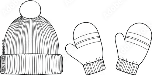 Winter knit hat and mittens outline illustration isolated on white background for cold weather clothing apparel design use