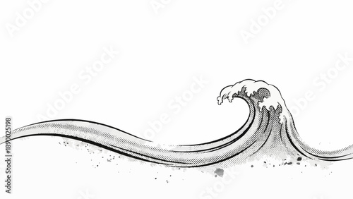 Black and white illustration of a large ocean wave crashing with dynamic