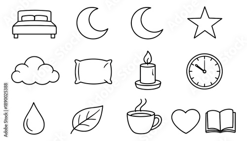 Hand drawn line art icon set featuring sleep, comfort, and nature elements for relaxation and daily routines
