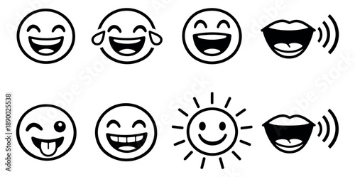 Line art emoji set featuring happy faces, talking mouths, and a sun for digital communication