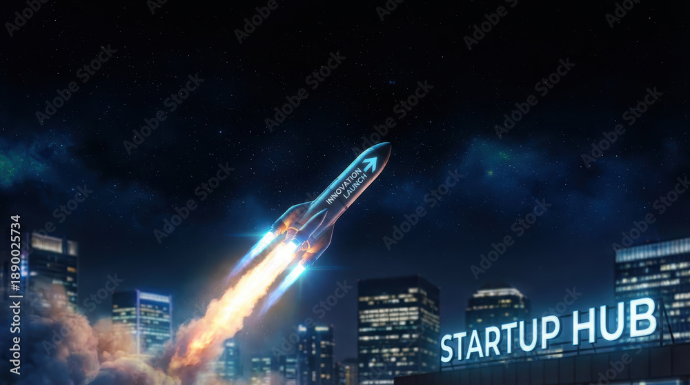 Obraz premium Rocket innovative concept product symbols creation launch over city skyline vibrant night sky vision Idea creation and innovative product launching concept