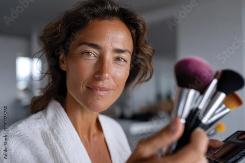 Fototapeta A confident woman showcases an array of makeup tools, representing beauty, creativity, and personal expression with a strong visual impact.