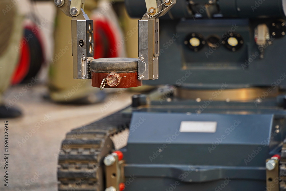 Fototapeta premium A minesweeper robot for mine clearance. Military exercises.