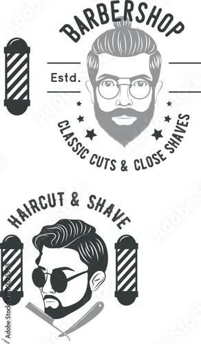 Stylish barber pole and a man s face with beard and sunglasses