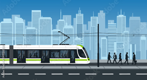 Modern public transportation vector illustration of a tram in a city with skyscrapers and pedestrians walking