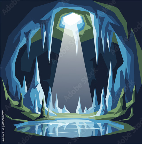 Frozen Ice Cave Grotto with Light Beam Illustration