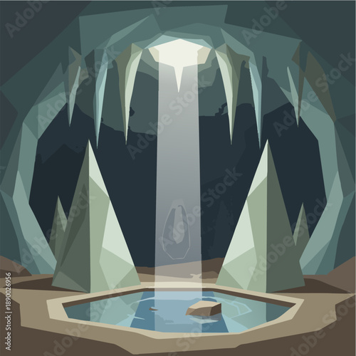 Abstract Geometric Ice Cave Illustration with Dramatic Light Beam