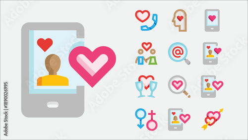 Dating app and online romance icons set