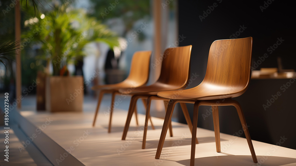 Fototapeta premium An art gallery space featuring sleek wooden chairs for visitors to sit and reflect, enhancing the aesthetic appeal while promoting comfort during exhibitions, highlighting the role of furnishings