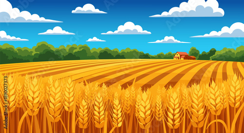 Golden wheat field vector illustration with barn and trees under a blue sky with clouds
