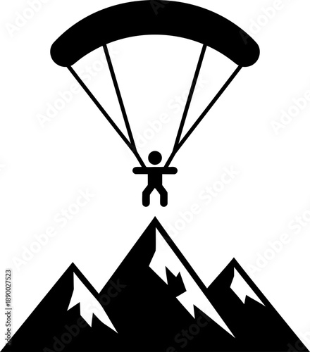 Man parasailing over a snow-capped mountain range, adventure and outdoor recreation concept. Black graphic vector illustration