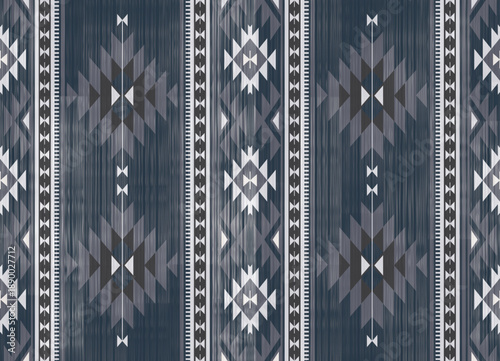 Southwestern geometric pattern. Indigo blue and charcoal grey palette featuring Aztec and Navajo inspired diamond shapes.Realistic woven fabric texture,Design for wrapping paper,textile,Knitting,Rug