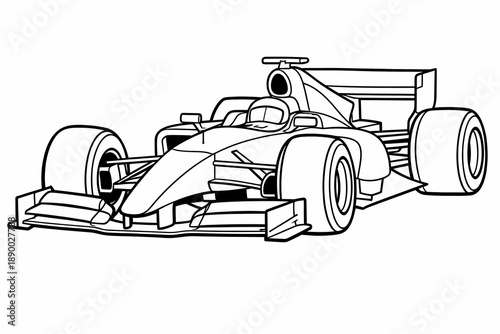 Formula race car front three quarter view coloring illustration. Concept of motorsport education, creative coloring activity, racing design practice, printable worksheets, kids and adult art.