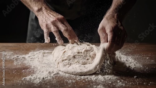 Experienced male baker kneading homemade bread dough with flour on a dark rustic wooden table. Close up of a chef's hands working with raw pastry in a traditional artisanal bakery kitchen