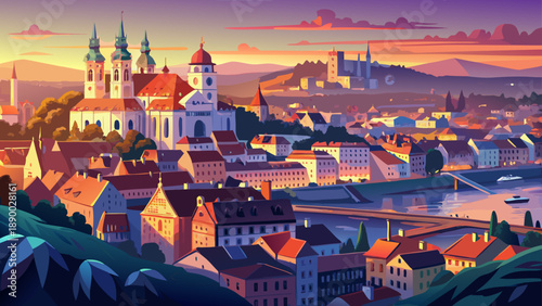 Very beautiful aerial cityscape of Bratislava Old Town at sunset, highlighting Saint Martin’s Cathedral, castle hill, and the Danube River glowing under warm evening light.