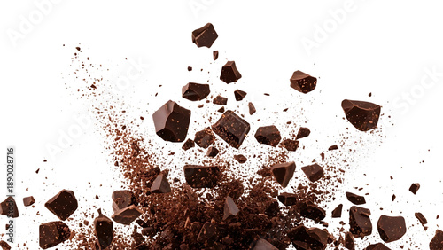 Exploding pieces of dark chocolate creating a dynamic splash of cocoa powder on a black background isolated on transparent background