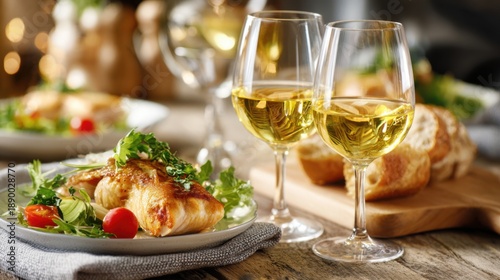 A beautifully set table displays a delicious seafood dish with vibrant greens and red tomatoes accompanied by two glasses of white wine and fresh bread inviting a warm dining atmosphere.