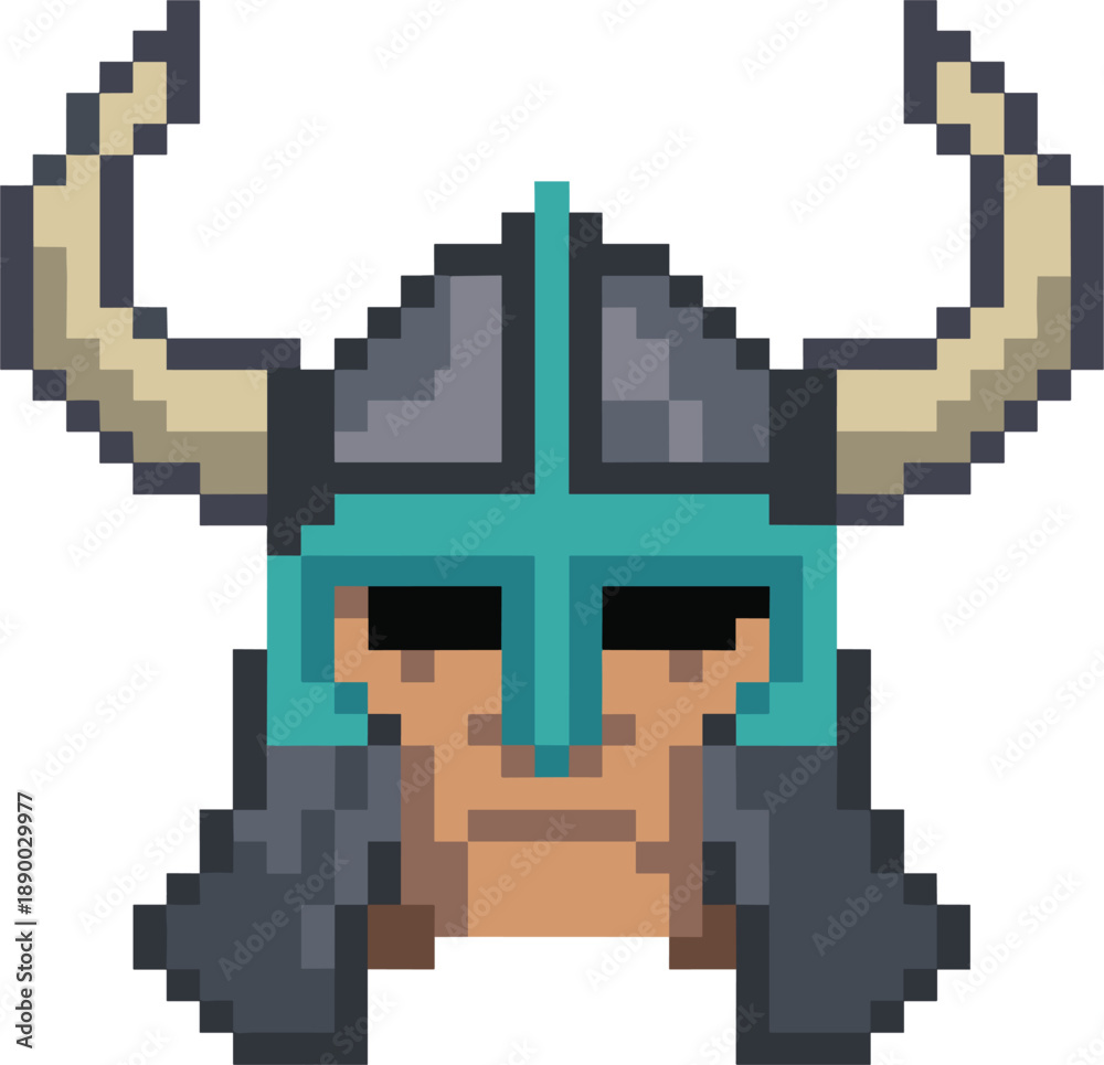 Obraz premium Pixel art viking helmet with horns vector illustration, retro 8-bit warrior headgear for fantasy game design