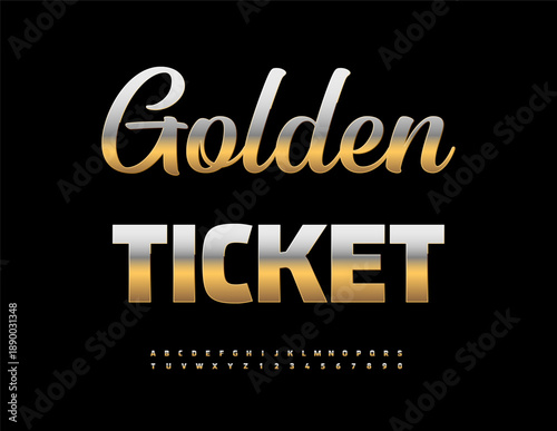 Vector Elite emblem Golden Ticket. Luxury Trendy Font. Awesome Alphabet Letters and Numbers set.