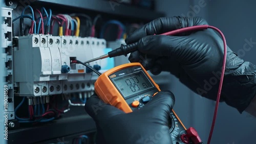 Electrician testing voltage with digital multimeter inside industrial electrical control cabinet.