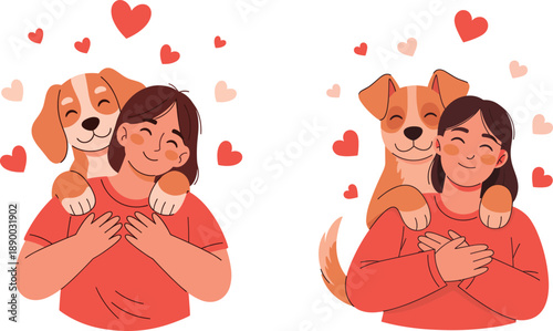 Happy Girl Hugging Dog and Puppy with Floating Hearts Illustration