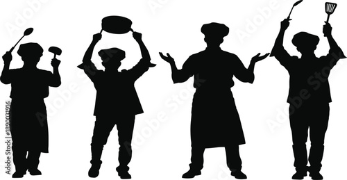 Professional chef and cook silhouettes holding kitchen tools, vector illustration for restaurant menu and catering design