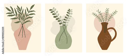 Set of boho botanical wall art with minimalist vases and leaves vector illustration. Aesthetic vector illustrations for invitation, greeting cards, wall decoration