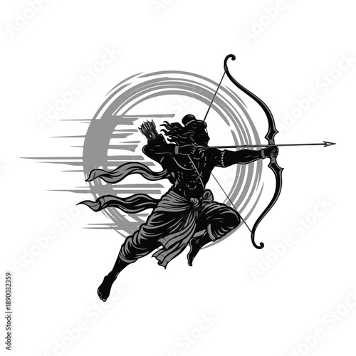 Dynamic silhouette of Rama drawing a bow and arrow with motion lines