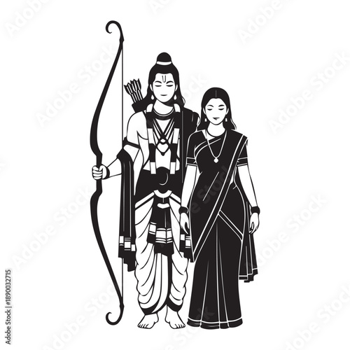 Lord Rama and Sita portrayed in traditional Indian attire holding a bow