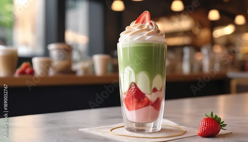 A layered matcha latte with strawberries and whipped cream on a white napkin in a cafe with blurred background.
