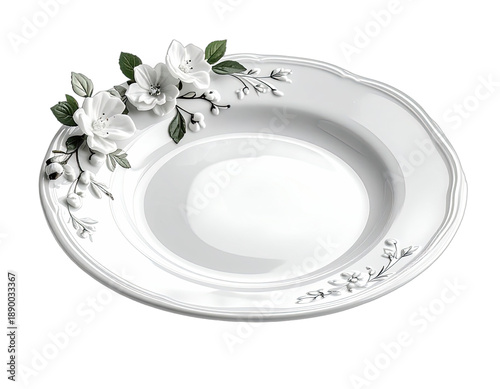 Elegant white plate with floral embellishments around rim, isolated against black backdrop