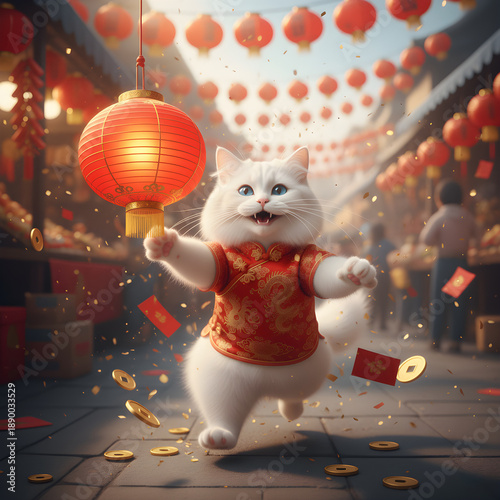 Adorable white cat wearing a traditional red Chinese costume catching a gold coin in a festive Lunar New Year street market with red lanterns and decorations.