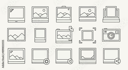 A collection of minimalist line art icons representing various aspects of photography, image galleries, and digital photo management.