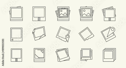 A collection of minimalist line art icons depicting various photo frames, pictures, and albums, suitable for graphic design.